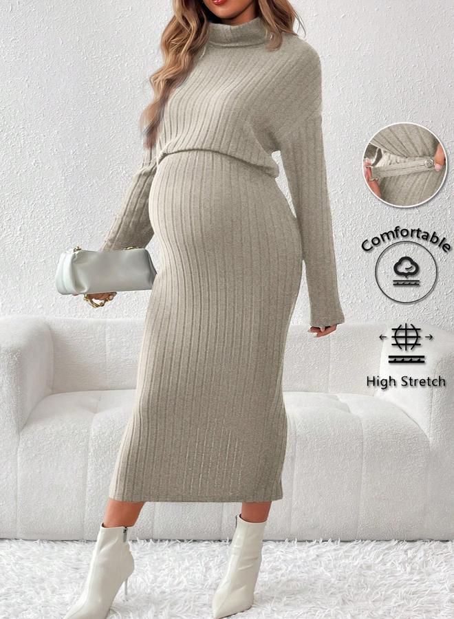 تايك تو طقم مضلع للحوامل بلوزة بياقة مرتفعة وتنورة بخصر مرن قابل للتعديل - Image 1